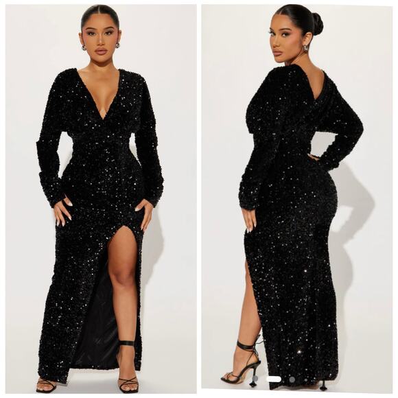 Fashion Nova One and Only Sequin Velvet Gown in Black Size Large NWOT - Picture 1 of 16